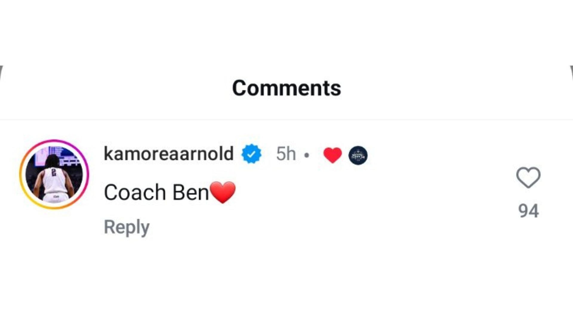 KK Arnold commented on the UConn Huskies' post congratulating assistant coach Ben Kantor for his move to Georgia Tech. Source: Instagram/@uconnwbb